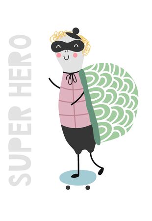 Kids poster with cute turtle animal superhero and hand drawn lettering. Baby nursery wall art. Vector illustration.のイラスト素材