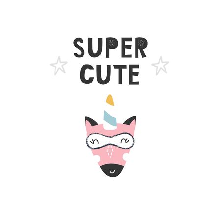 Kids poster with cute unicorn animal superhero and hand drawn lettering. Baby nursery wall art. Vector illustration.のイラスト素材