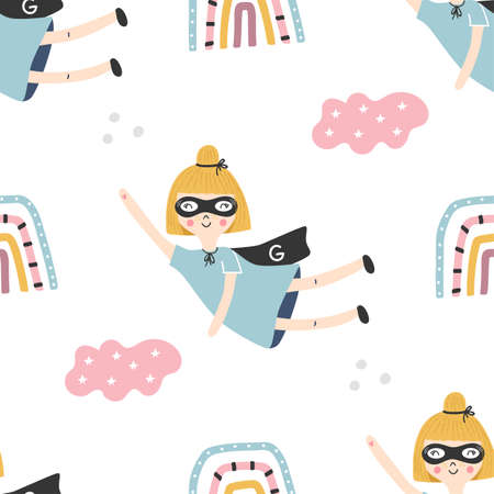 Seamless pattern with superhero girl and color baby rainbows. Vector illustration.の写真素材