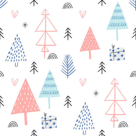Christmas seamless pattern with different types of Christmas trees.