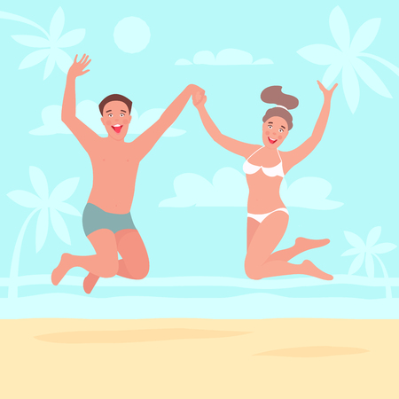 Young couple jumping up high on a beachのイラスト素材