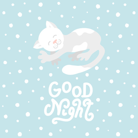Cute cat with good night white handmade lettering on blue backgroundのイラスト素材