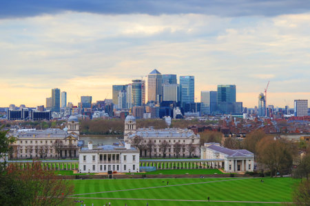 London city view business center and Romanian architecture Canary Warth and Greenwich, London panorama view from Greenwich park, View from Greenwich park towards Canary Wharf. London panorama view from Greenwich parkのeditorial素材