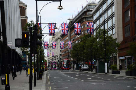 London City, United Kingdom -June 1, 2022: London, Bond street flag decoration. British flags...