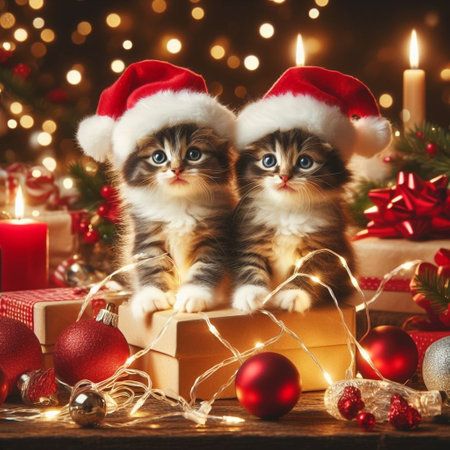 Little cute kittens with Christmas decorationsの素材