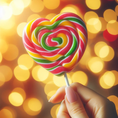 Hand holding colorful Lollipop heart shape on the stick with bokeh backgroundの写真素材