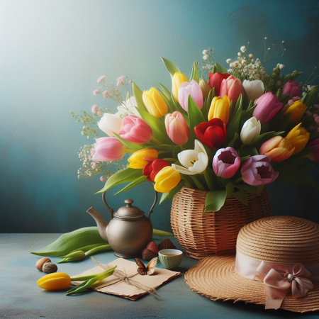 Tulips bouquet in the pitted vase with pitted hat and teapot. Spring concept illustrationの素材