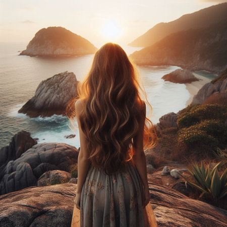 woman on the beach at sunset looking down from the cliff. Faceless conceptの素材