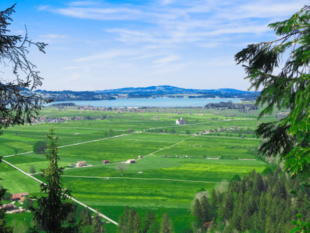 Viewing platform below the Neuschwanstein castle, Bavaria, German. German Countryside, Hiking Highlight. Aerial view at green fields with mountains and lake next to Neuschwanstein castle in Germanyの写真素材