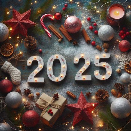 2025 digits at Christmas background with winter Christmas decorationsの写真素材