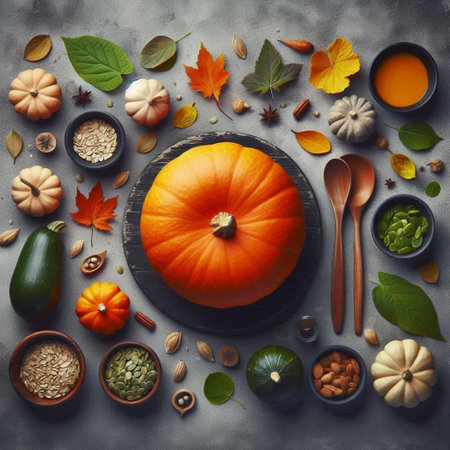 Autumn flat lay with pumpkins and copy spaceの写真素材