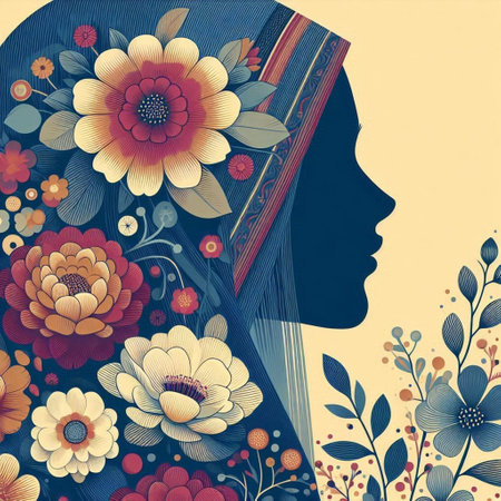 Illustration of a woman's silhouette and hair decorated with flowersの素材
