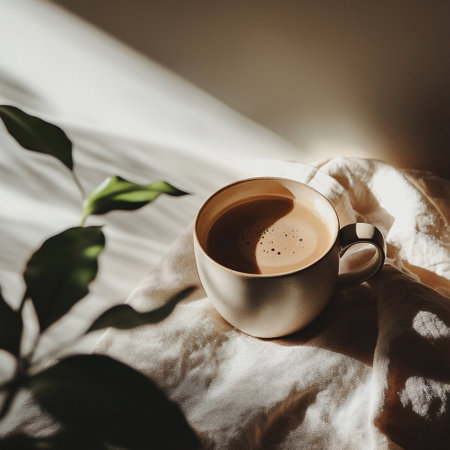Coffee is beautifully presented in a cup with bright light for soft highlights and airiness. Minimalism concept, shadows as part of the composition. Shot through a plant in the foreground.の素材