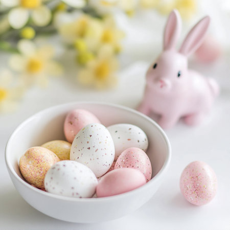 Cute Easter bunny figurine and chocolate food pastel colors. Easter food in pastel colorsの素材