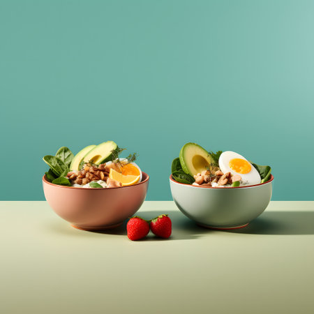 two bowls of healthy food on a light green surface with a green background. Each bowl contains spinach leaves, halved boiled eggs, avocado slices, strawberries, and other vegetables. There are also a few strawberries placed next to the bowls. vibrant and colorful food, freshness and nutritionalの素材