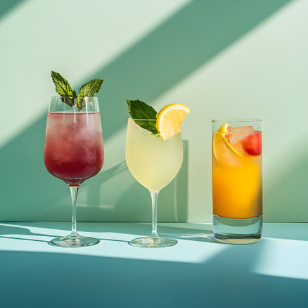 Summer drinks. Cocktail or mocktail. Bright vivid multicolored drinks on a bright colorbox background with shadows. Tropical summer conceptの素材