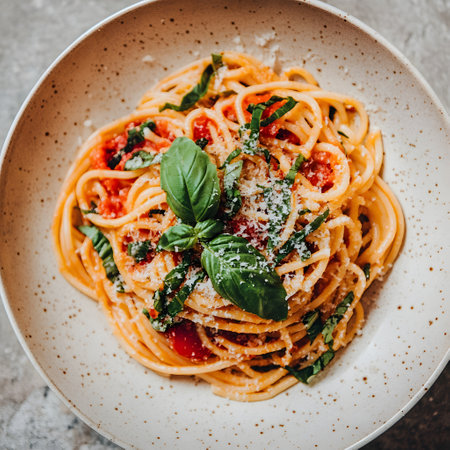Spaghetti Pasta with Tomato Sauce and Basil Leaves. Italian Food.の素材