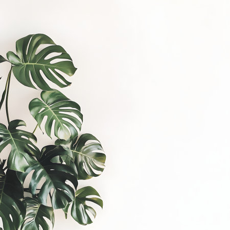 Monstera leaves on white background. Flat lay, top view, copy space. Creative layout made of monstera leaves on white background. Flat lay, top view minimal summer conceptの素材