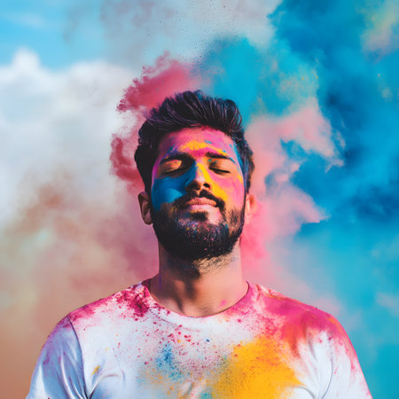 Portrait of a young indian man with closed eyes and painted face on the Holi festival.の素材