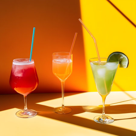 Summer drinks. Cocktail or mocktail. Bright vivid multicolored drinks on a bright background with shadows. Tropical summer conceptの素材