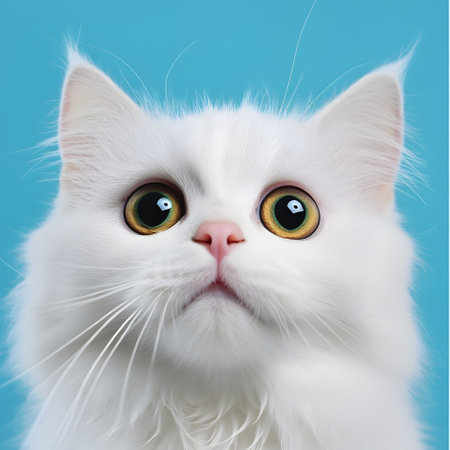 White fluffy cat with big yellow eyes on blue backgroundの素材