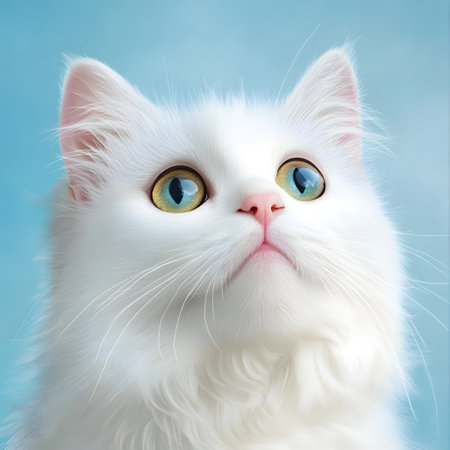 White fluffy cat with big yellow eyes on blue backgroundの素材