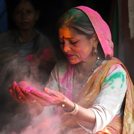 Unidentified Hindu woman with face painting at holy Ganga river in Varanasi, India. background for Holi festivalの素材