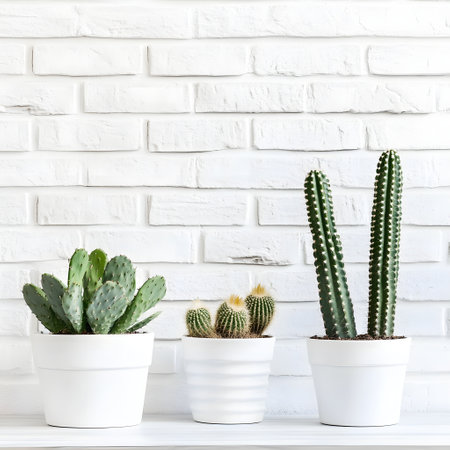 Cactus and succulents in a pot on a white brick wall. Succulents in pots with copy spaceの素材
