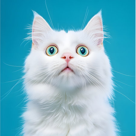 White fluffy cat with big yellow eyes on blue backgroundの素材