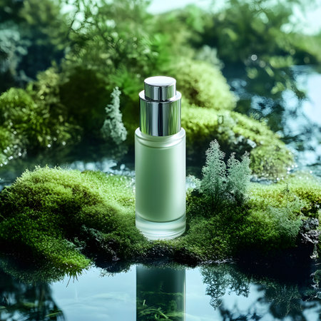 Mock up for cosmetics bottle on green nature background. Glass bottle. Eco conceptの素材