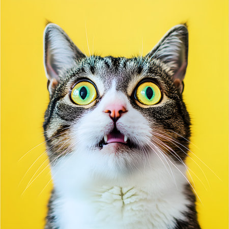 close up portrait of a cat on a yellow background. Funny cat faceの素材