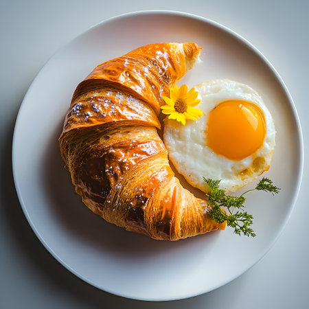 Breakfast with a croissant and fried egg on a white plate. Top view, flatlay, selective focusの素材
