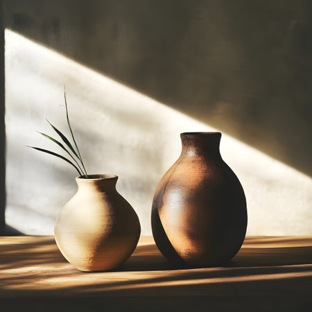 Two clay vases on wooden table in sunlight with copy spaceの素材