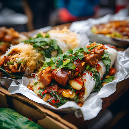 close up of street food rapt in paper asian market food style. Thai noodle with pork and chili sauce on street food market. Closeup of Chinese food in a street food market in Chinaの素材