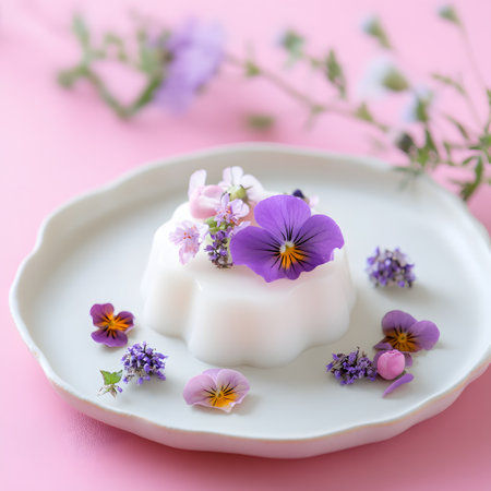 Smooth Textures and Glossy Finish. Floral Cakes. Panna cotta with viola and lavender flowers on a pink background.の素材