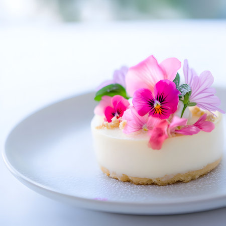 Smooth Textures and Glossy Finish. Floral Cakes. Panna cotta with pink spring flowers on white plate, selective focusの素材