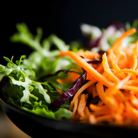 Fresh salad with carrot, lettuce, and arugula leaves. macro close up, selective focus. Healthy eating.の素材