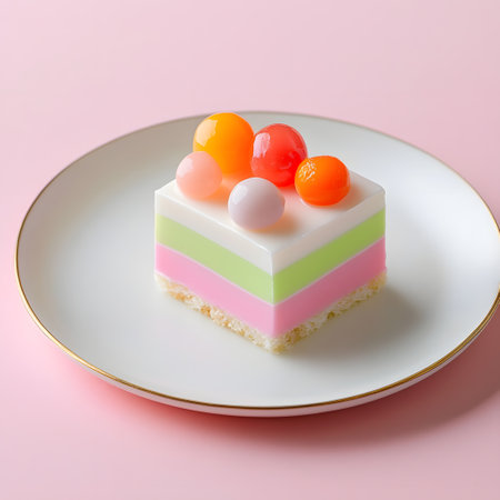 A piece of cake with jelly balls on a white plate on a pink background. 3D Printed Desserts. Smooth Textures and Glossy Finish. Colorful Desserts with Bright Accents. Layered Dessertsの素材