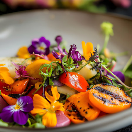 Vegetable salad with grilled eggplant, arugula, microgreens and edible flowers. Grilled food. Vivid colors. Selective focus. Edible flowers.の素材