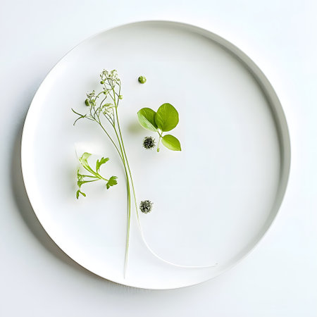 Plate with green plants on white background. Flat lay, top view. Minimal style.の素材