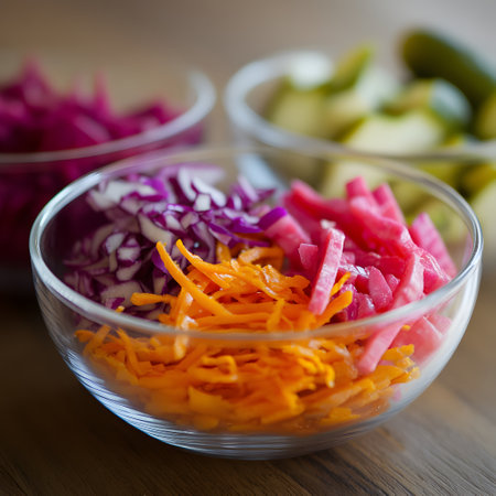 Healthy vegetable salad with carrot, red onion, cucumber, pickled cucumber and dill on rustic background. Macro close up shoot, selective focusの素材