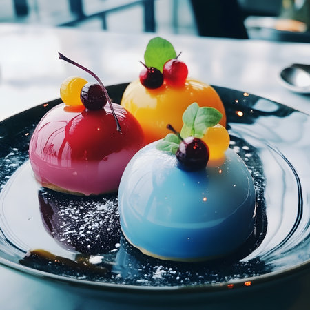 Delicious colorful jelly dessert on black plate. selective focus. 3D Printed Desserts. Smooth Textures and Glossy Finish. Colorful Desserts with Bright Accents. Layered Desserts.の素材