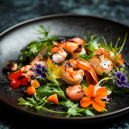 Salad with grilled shrimps, arugula and baked potatoes. Selective focus.の素材