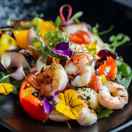 Seafood salad with prawns, shrimps and mussels. grilled food, edible flowers, selective focus.の素材