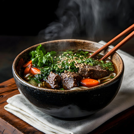 Bowl of Asian soup with beef, noodles, vegetables and chopsticks on a wooden table.の素材