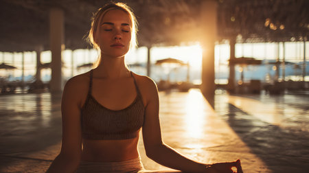 Beautiful young woman practicing yoga at the swimming pool at sunset. Closed eyes, selective focus, copy spaceの素材
