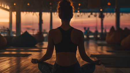 Young woman practicing yoga at sunrise in the morning. Concept of healthy lifestyle and relaxation. faceless, copyspaceの素材