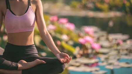 Young woman practicing yoga in the lotus position on the lake with lotus flowers in the background. Selective focus, faceless, copy spaceの素材