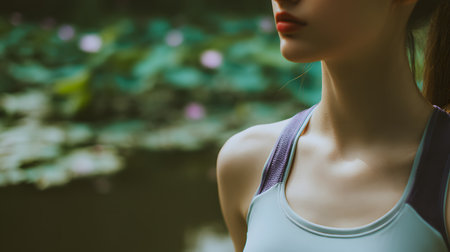 Close-up of a beautiful young woman in sportswear standing near the pond. Young woman practicing yoga on the lake with lotus flowers in the background. Selective focus, faceless, copy spaceの素材