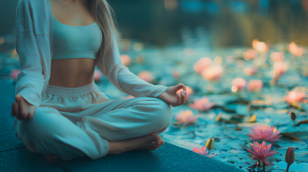 Young woman meditating in lotus pond at sunset, closeup. Healthy lifestyle concept. Faceless, selective focus, copy spaceの素材